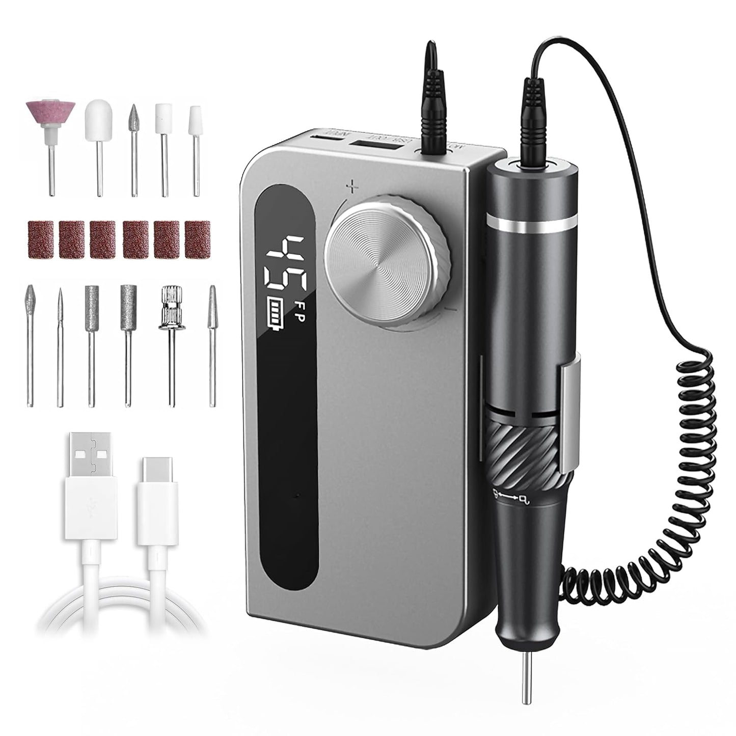 Professional Cordless Electric Nail Drill - 45000 RPM Rechargeable Nail File with 11 Bits for Acrylic & Gel Polishing - Portable Manicure Tool for Home Salon