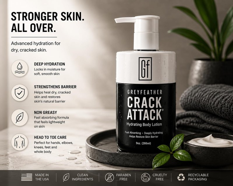 Greyfeather Crack Attack Hydrating Body Lotion for Dry Cracked Skin – Fast Absorbing, Mint Scented, Non-Greasy Moisturizer with Aloe, Shea Butter – Heals Hands, Feet, Elbows, Full Body Repair