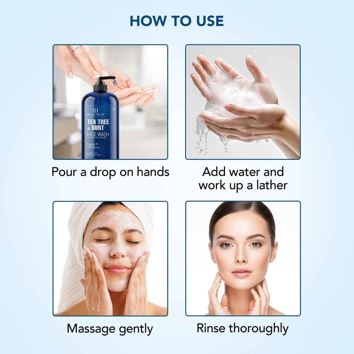 Botanic Hearth Tea Tree Face Wash With Mint | Acne Fighting, Premium, Hydrating Liquid Face Soap With Pure Tea Tree Oil | For Women And Men, Paraben Free, Fights Acne | 16 Fl Oz (Packaging May Vary)