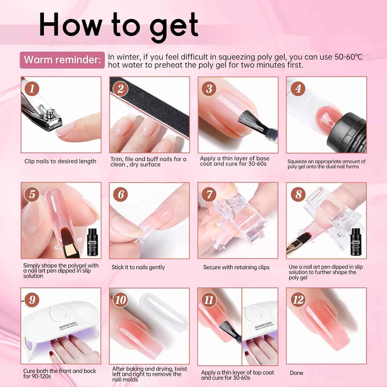 Poly Gel Nail Kit with UV Lamp & 10ml Base/Top Coat - Nail Art Extension Tools for Beginners