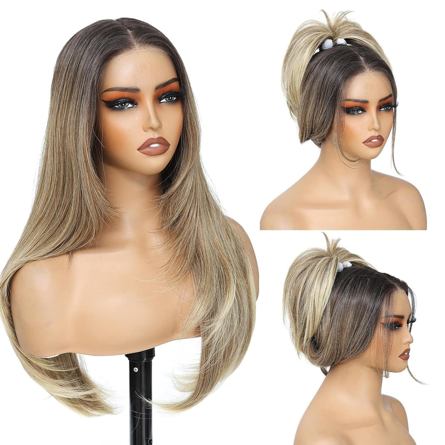 KPROYU Synthetic Lace Front Wig Pre Cut Lace Glueless Wig Wear And Go 13X4X1 Inch HD Lace Layered Wig Pre Plucked Glueless Synthetic Wigs For Women Auburn Brown Black Root(2/30) 26 Inch