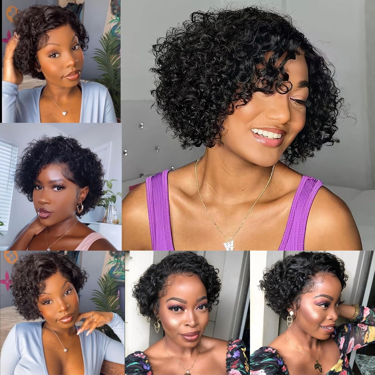 BLOCKICE Pixie Cut Wig Human Hair Stylish Curly Short Bob Wig Deep Wave 13x4 Lace Front Glueless Curly Human Hair Wigs for Black Women Natural Look Full Volume Lace Frontal 8 Inch