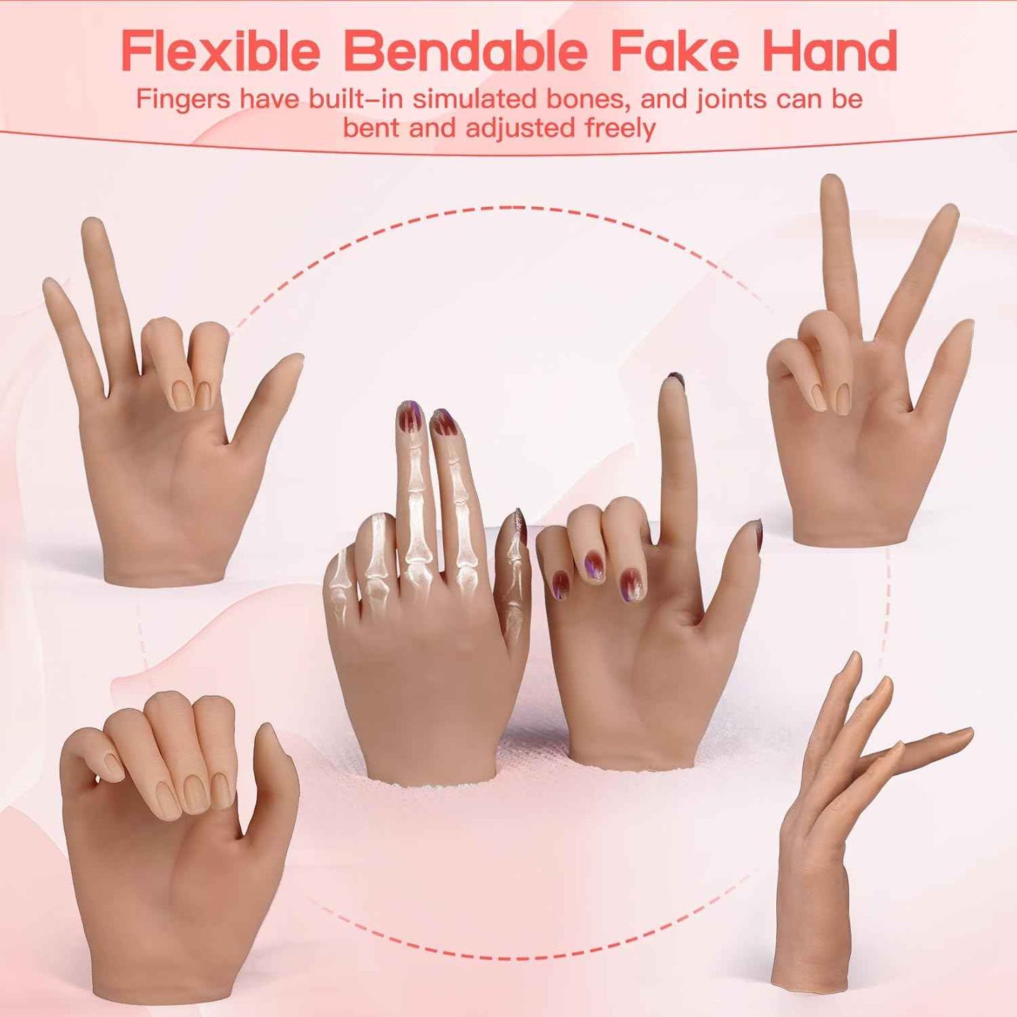 Flexible Silicone Practice Hand for Acrylic Nails with 528 Nail Tips & Stand