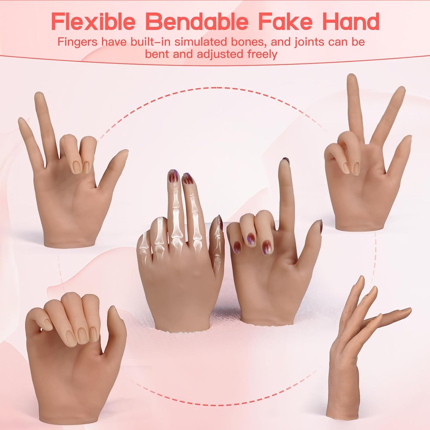 Flexible Silicone Practice Hand for Acrylic Nails with 528 Nail Tips & Stand