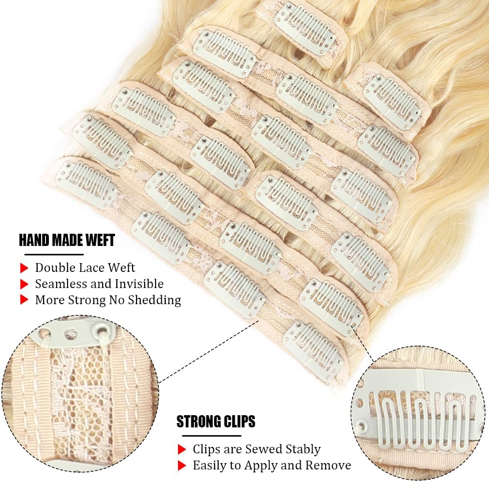 Real Human Hair Clip-In Extensions - 16 Inch Blonde Body Wave | 100% Brazilian Remy, 8pcs, 100g