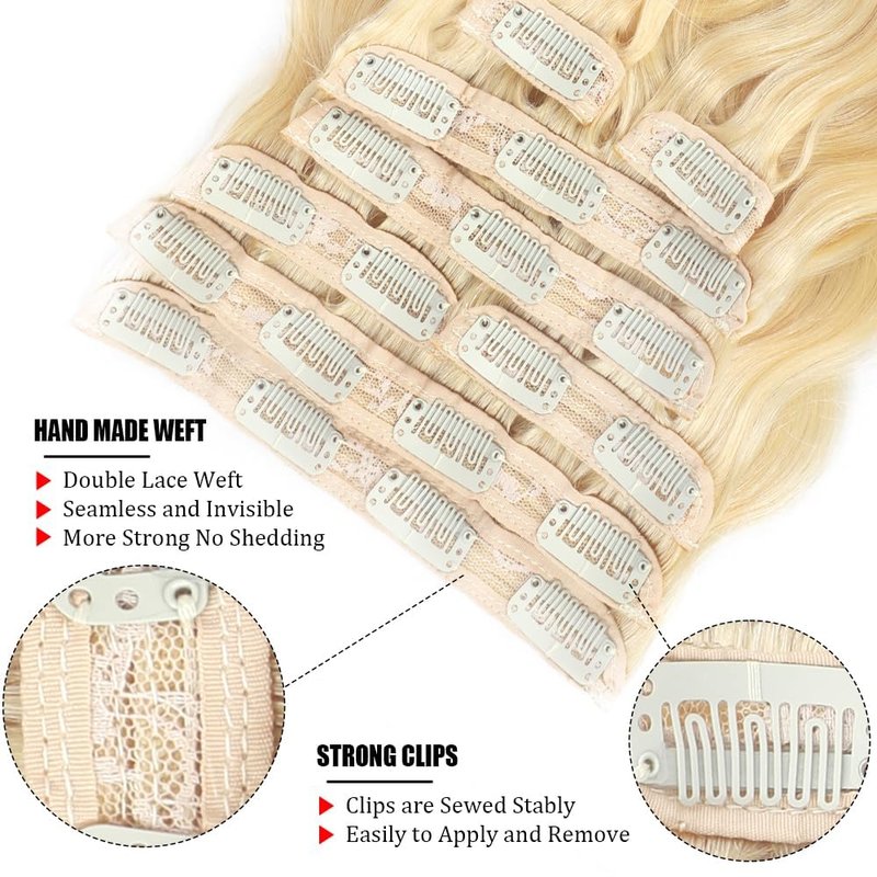 Real Human Hair Clip-In Extensions - 16 Inch Blonde Body Wave | 100% Brazilian Remy, 8pcs, 100g