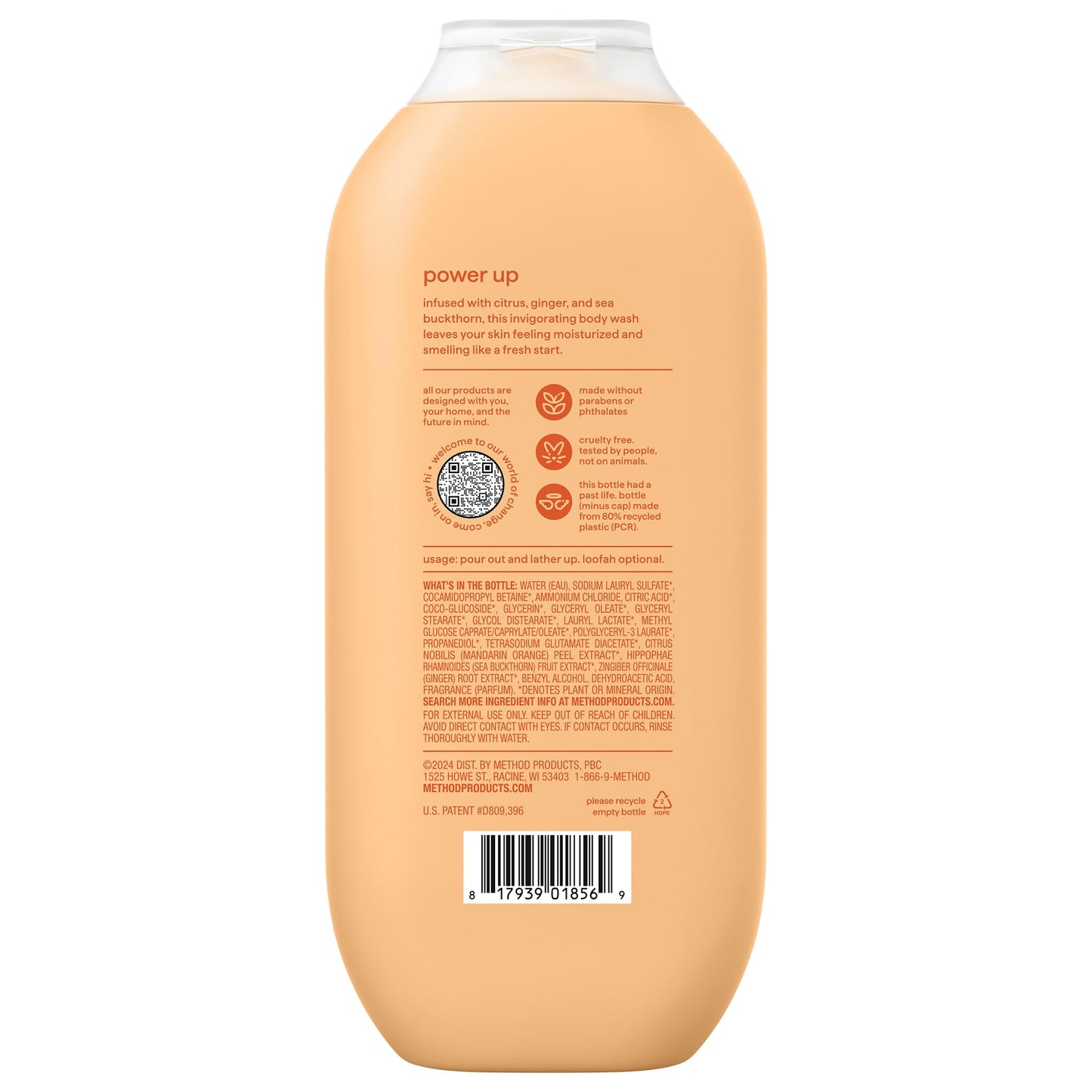 method Body Wash, Energy Boost - Leaves Skin Feeling Soft & Moisturized, Made Without Parabens, Notes of Citrus, Ginger & Sea Buckthorn, 18 fl oz