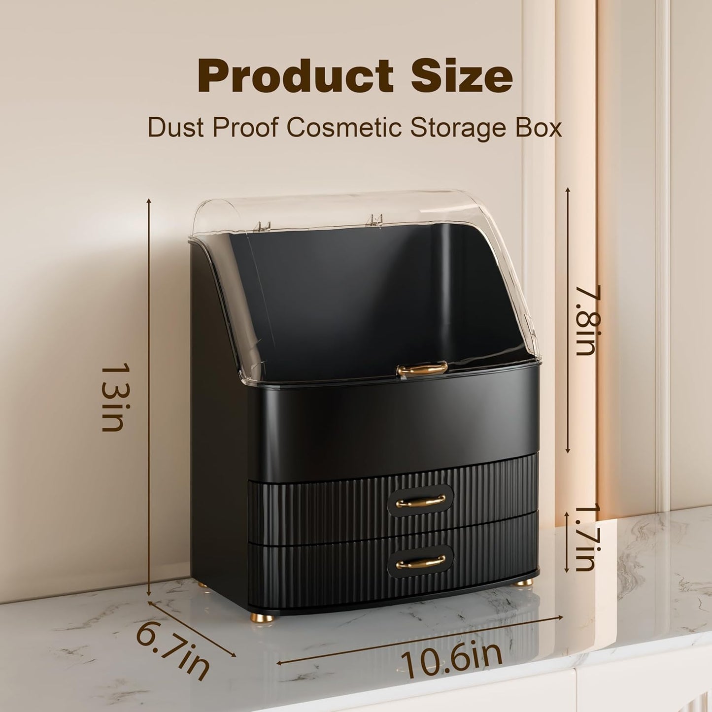Makeup Organizer - Waterproof Dustproof Vanity with Transparent Lid & Drawers | Black Cosmetic Storage for Women & Teens