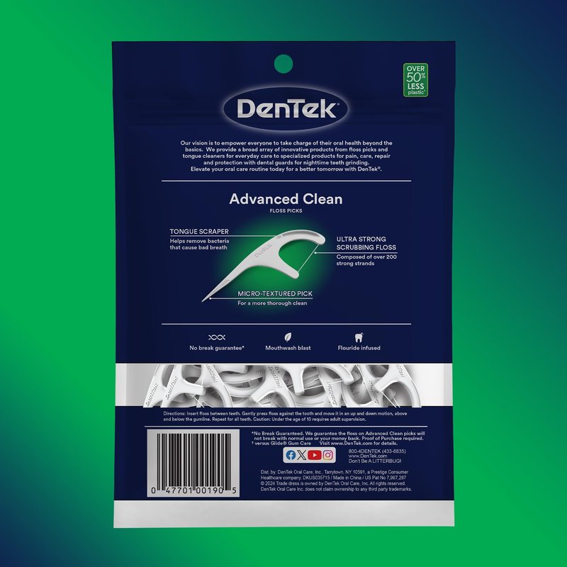 DenTek Advanced Clean Floss Picks with No Break & No Shred Dental Floss, Plaque Remover, 150 Count, Pack of 6