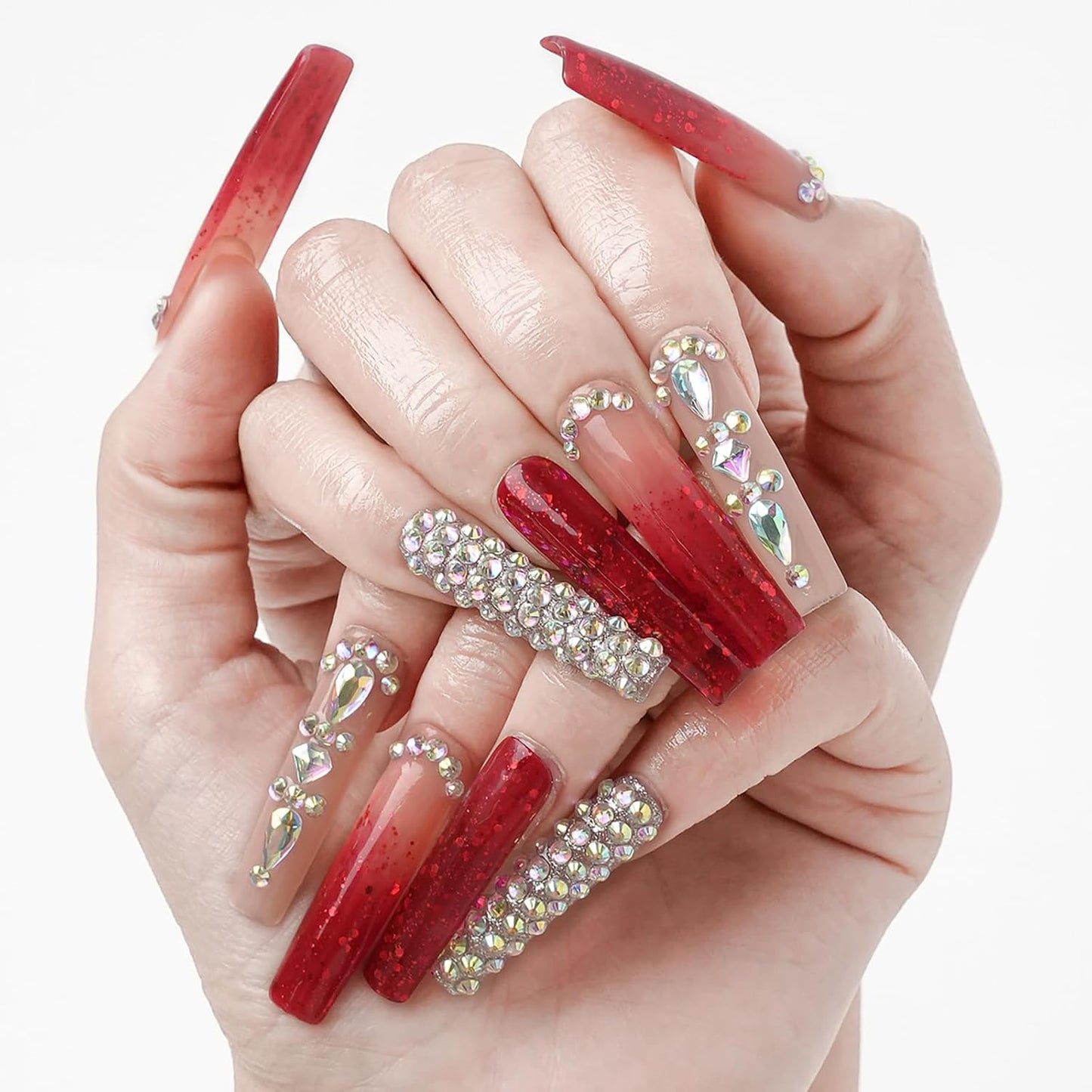 Luxury Ombre Red Glitter Press-On Nails Set - Long Square Glue-On Nails with Full Gem Coverage for Women & Girls (10 Pcs, Red-M)