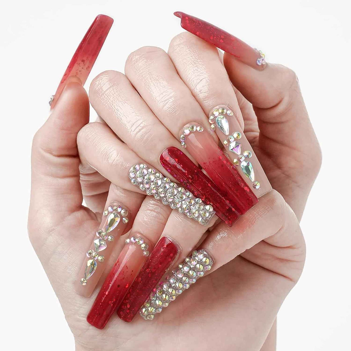 Luxury Ombre Red Glitter Press-On Nails Set - Long Square Glue-On Nails with Full Gem Coverage for Women & Girls (10 Pcs, Red-M)