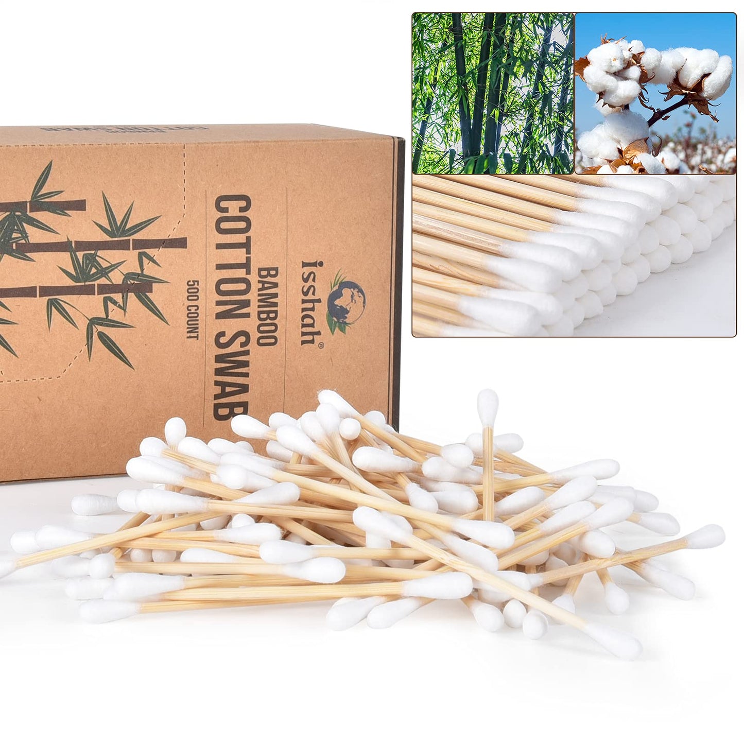 Bamboo Cotton Swabs 500 Count with Charcoal Natural Dental Floss Picks 200 Count