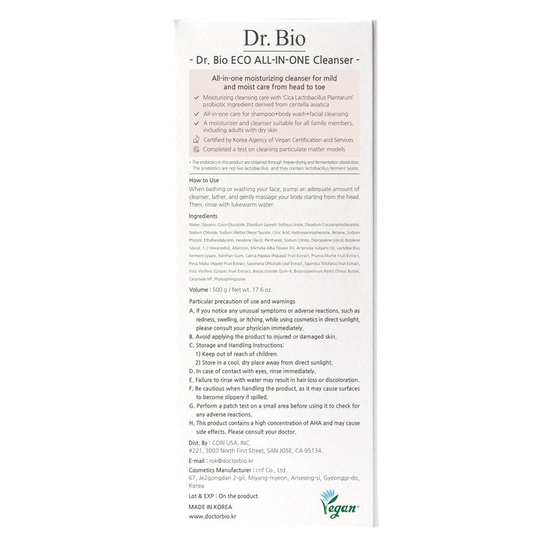 Dr.Bio Eco All-in-One Cleanser, Face & Body Wash for Sensitive Skin with Ceramide, Probiotics & Cica, Vegan, Fragrance-Free, Mild Gentle Hydrating Cleanser, Hypoallergenic Korean Skincare