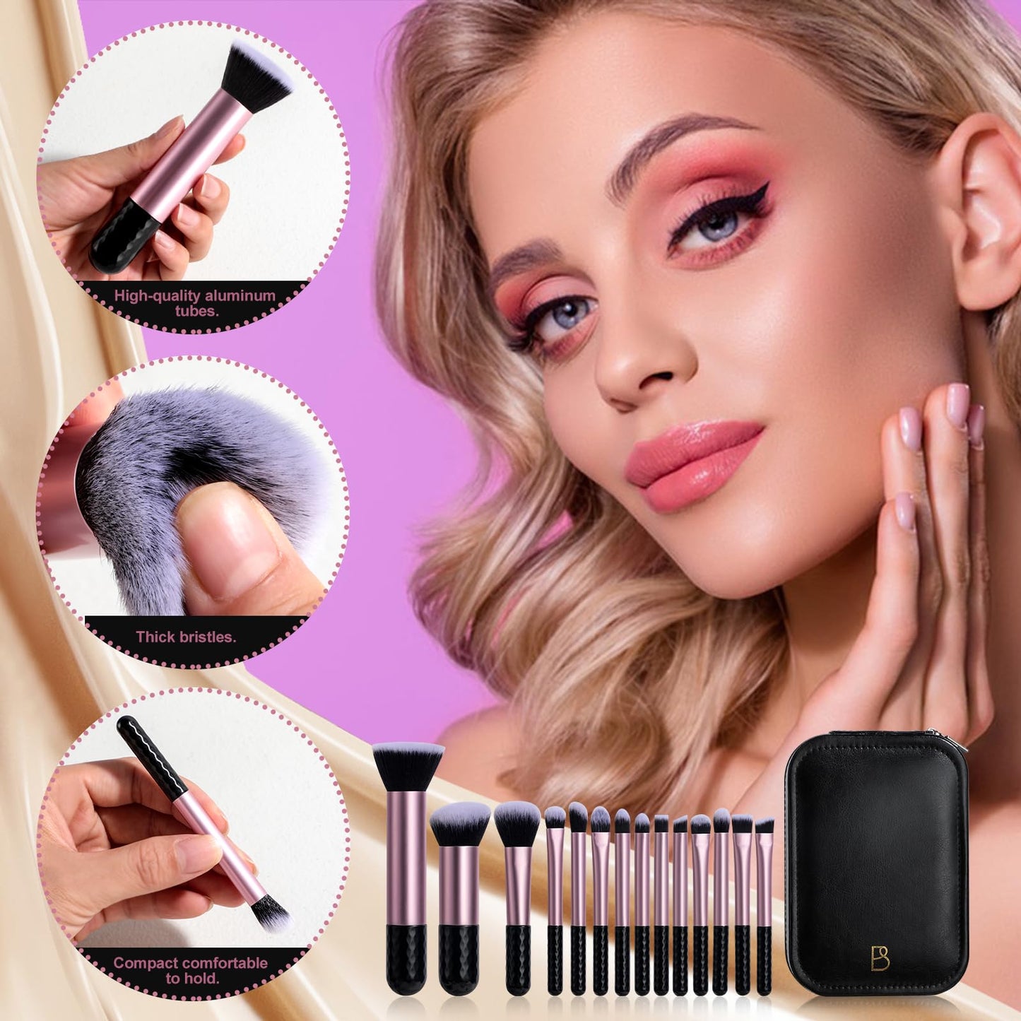 BS-MALL Makeup Brushes Set 14 Pcs with LED Light Mirror – Premium Cosmetic Tools for Flawless Beauty Routines (Black)
