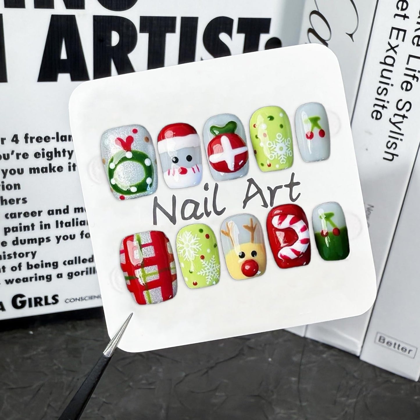 Christmas Press-On Nails - Short Square Gel Full Cover with Reindeer & Santa Designs
