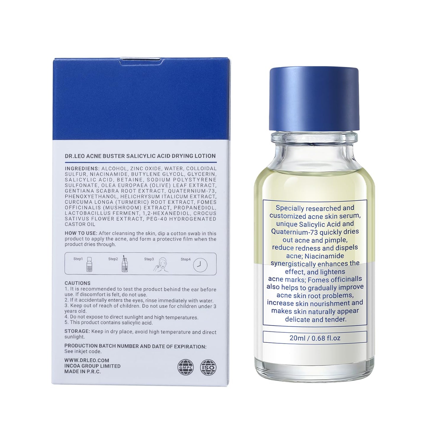Dr.Leo 1.8% Salicylic Acid Acne Treatment, Drying Lotion Acne Spot Treatment for Acne-Prone Sensitive Skin | Niacinamide, Fast Pimple Relief, Fades Acne Marks, Overnight & Period Breakouts, 0.34 fl oz