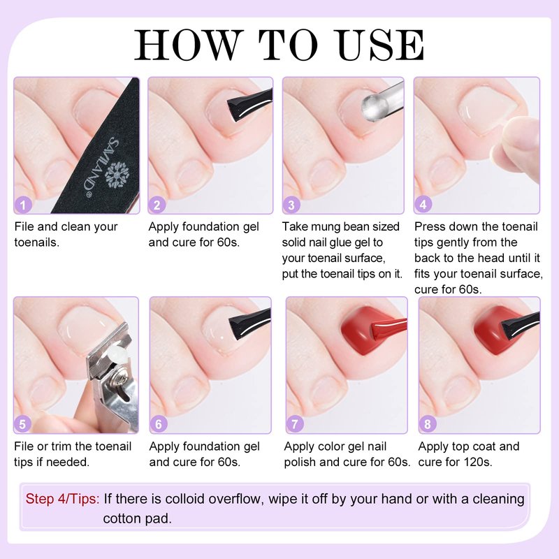 SAVILAND Toenail Tips and Solid Glue Gel: 500 PCS Clear Press on Toe Tips with Nail Glue Gel Base & Top Coat U V Light Pedicure Kit for Salon Home DIY Gift For Women