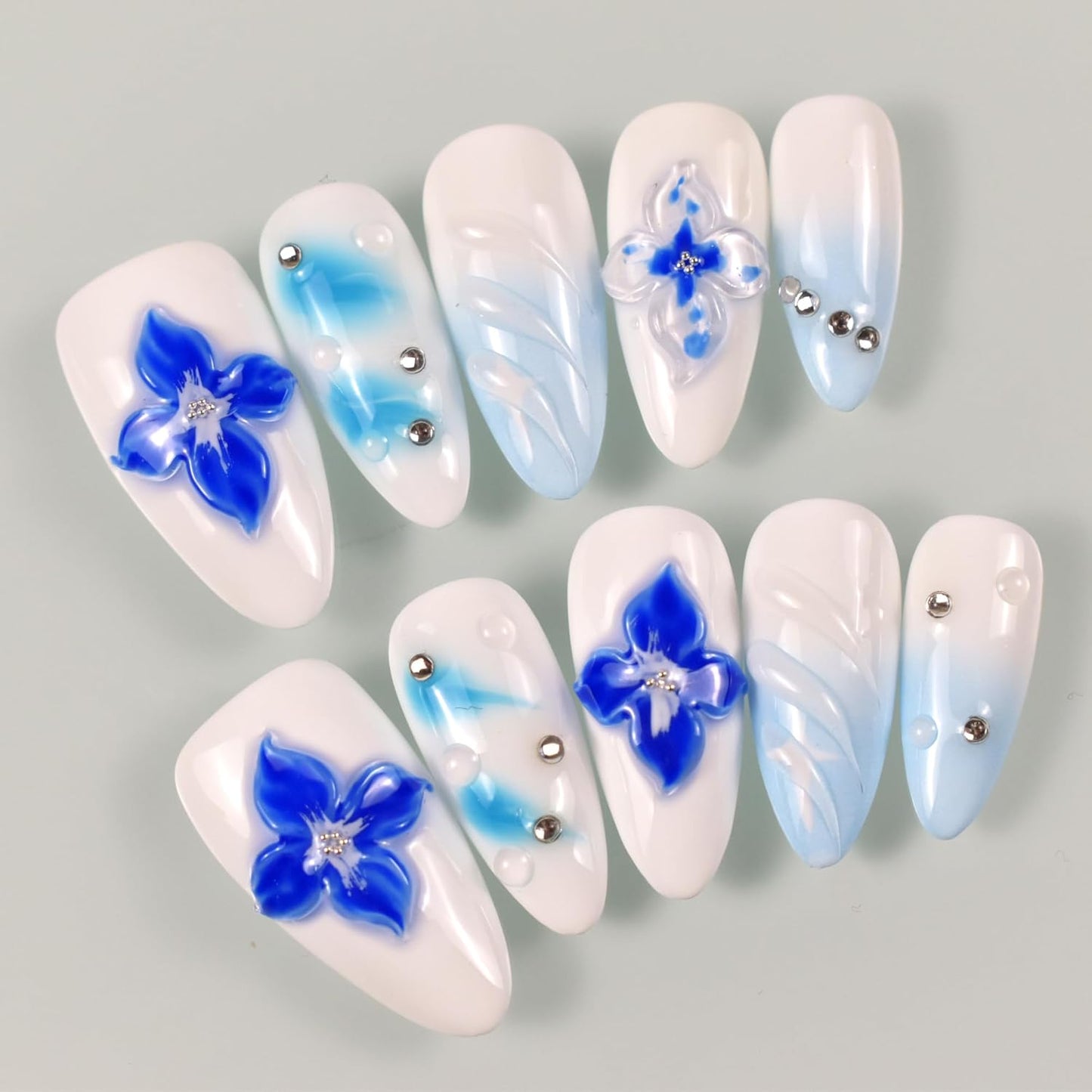 3D Blue Almond Press-On Nails with Carved Flower & Bubble Pearl - Handmade Acrylic Manicure, Medium Size