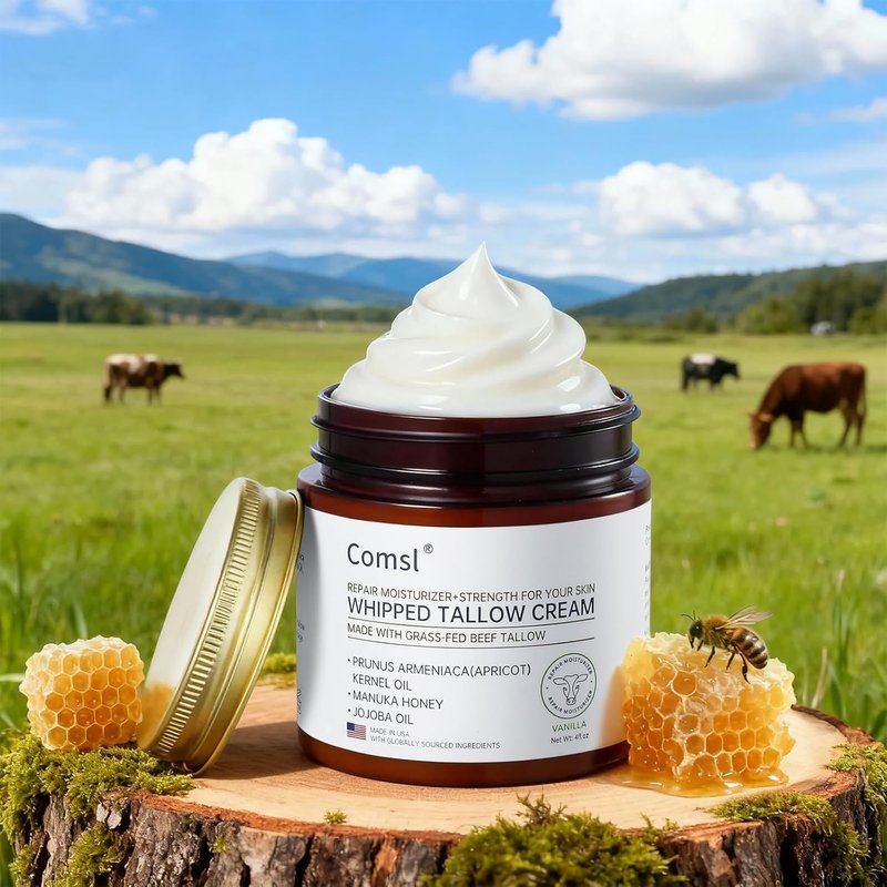 Whipped Tallow Honey Cream - Moisturizer for Dry, Sensitive Skin | 4oz Unscented, Eczema & Rosacea Relief