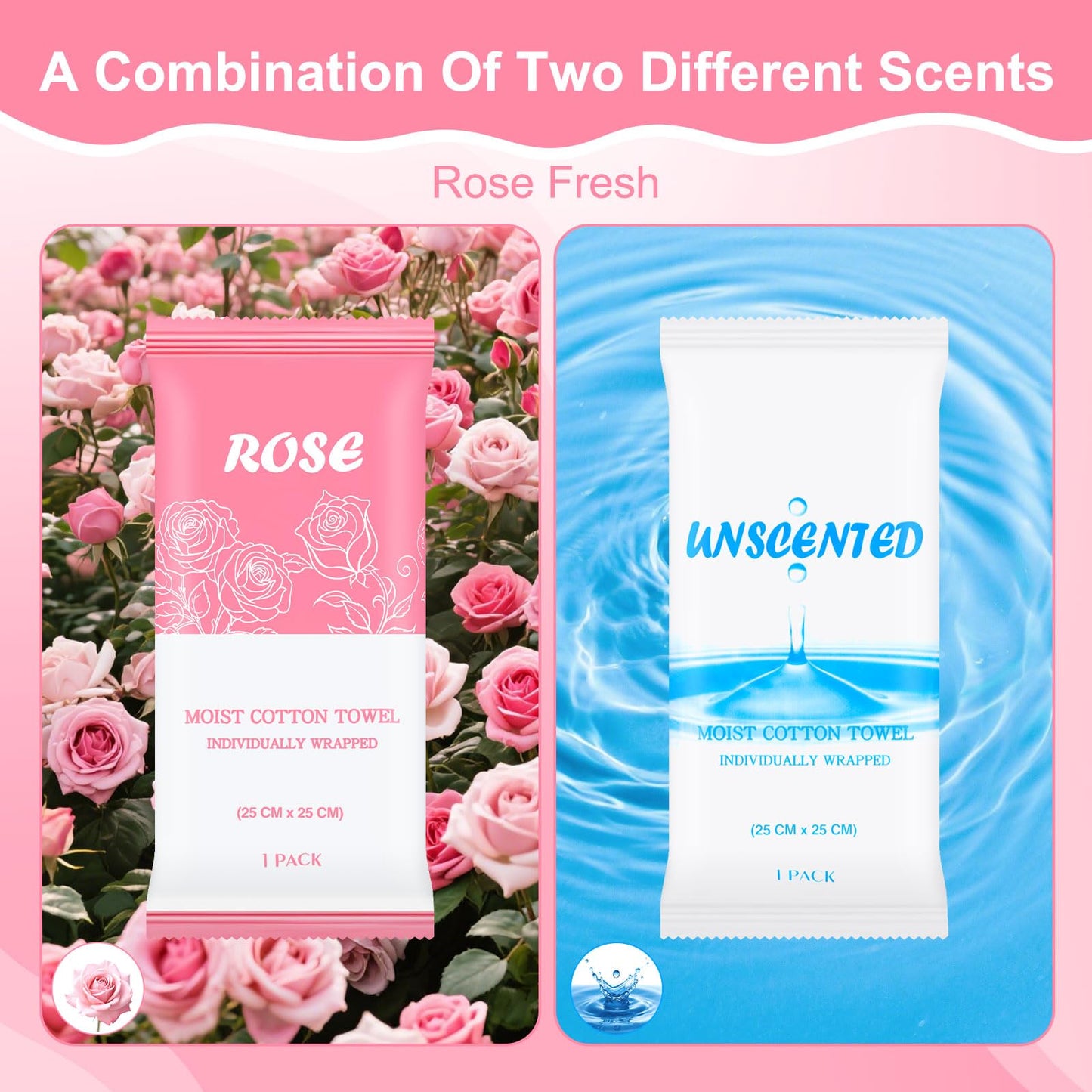 Moist Towelettes, Disposable Pre Moistened Towels Individually Wrapped, Soft Portable Face & Body Wet Towels for Travel Hotel Sport Camping Spa 9.8 inch (Pack of 100, Rose & Fresh)