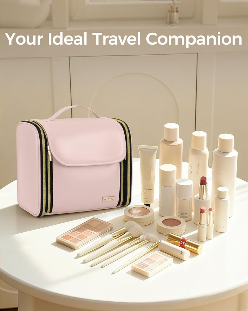 Large Capacity Hanging Toiletry Bag - PU Leather Makeup Organizer with Jewelry Compartment | Pink