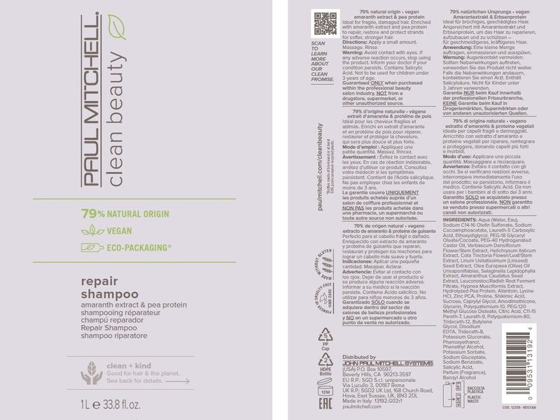 Paul Mitchell Clean Beauty Repair Shampoo, Strengthens and Protects, For Damaged, Brittle Hair, 33.8 fl. oz.
