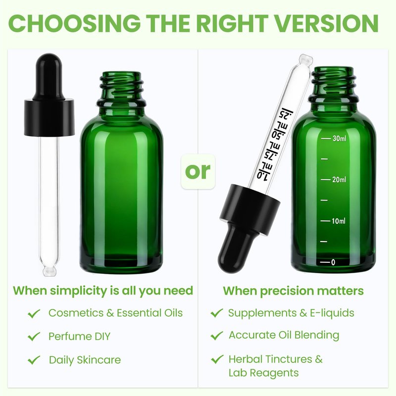 UPBUD 63 Pcs 1oz Green Glass Dropper Bottles with Measurement, 30ml Leakproof Tincture Bottles with Funnels, Eye Droppers, Extra Caps & Labels, Refillable Empty Bottles for Tinctures, Essential Oils