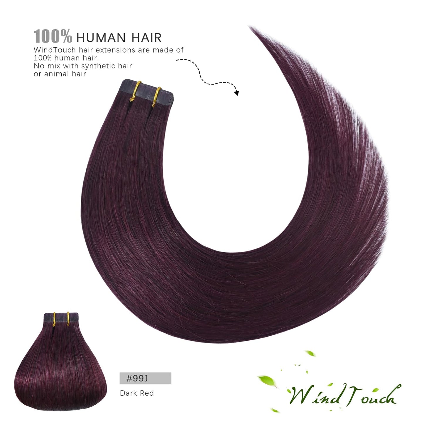 WindTouch Tape in Hair Extensions Wine Red Remy Silky-Smooth Straight Burgundy 20 Pcs 16Inch #99j 30g Invisible Tape in Hair Extensions Human Hair