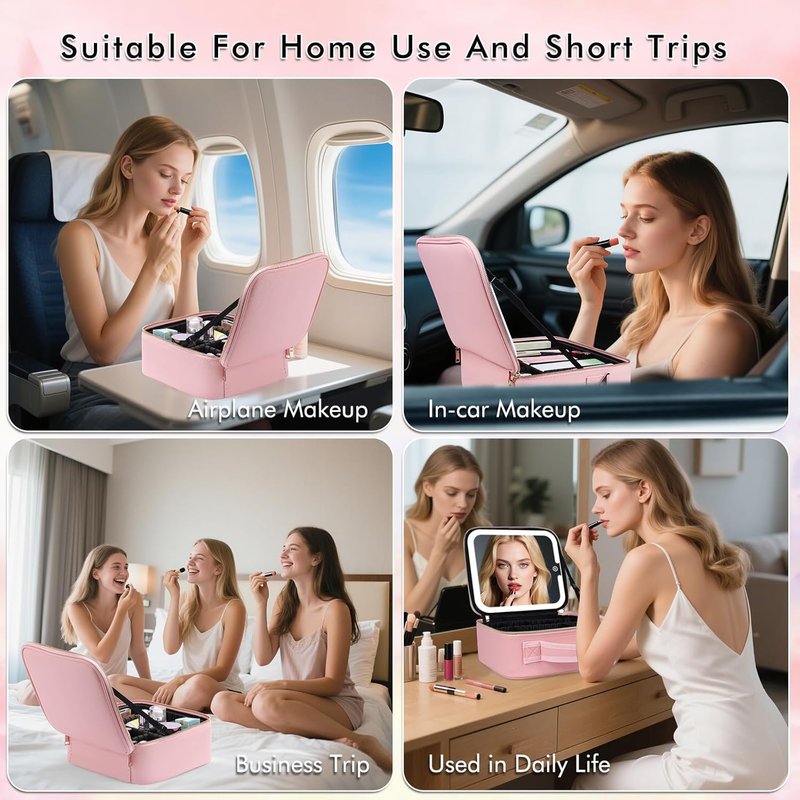 Travel Makeup Bag with LED Mirror - Lighted Organizer with 3 Color Settings | Pink