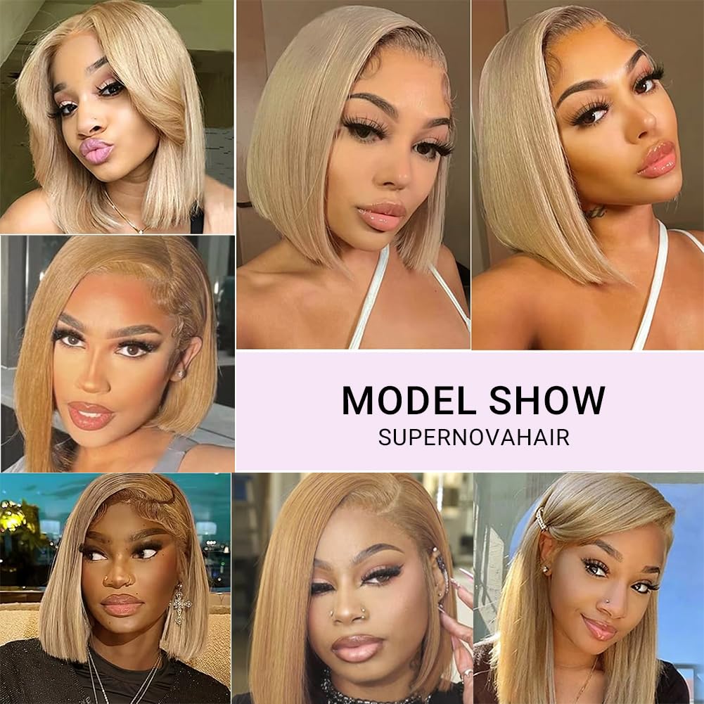 SUPERNOVA #27 Honey Blonde Short Bob Wig Human Hair Straight 13 * 4 Lace Front Wigs For Black Women Pre Plucked Pre Cut Human Hair Bob Wig With Baby Hair 200 Density 8 Inch