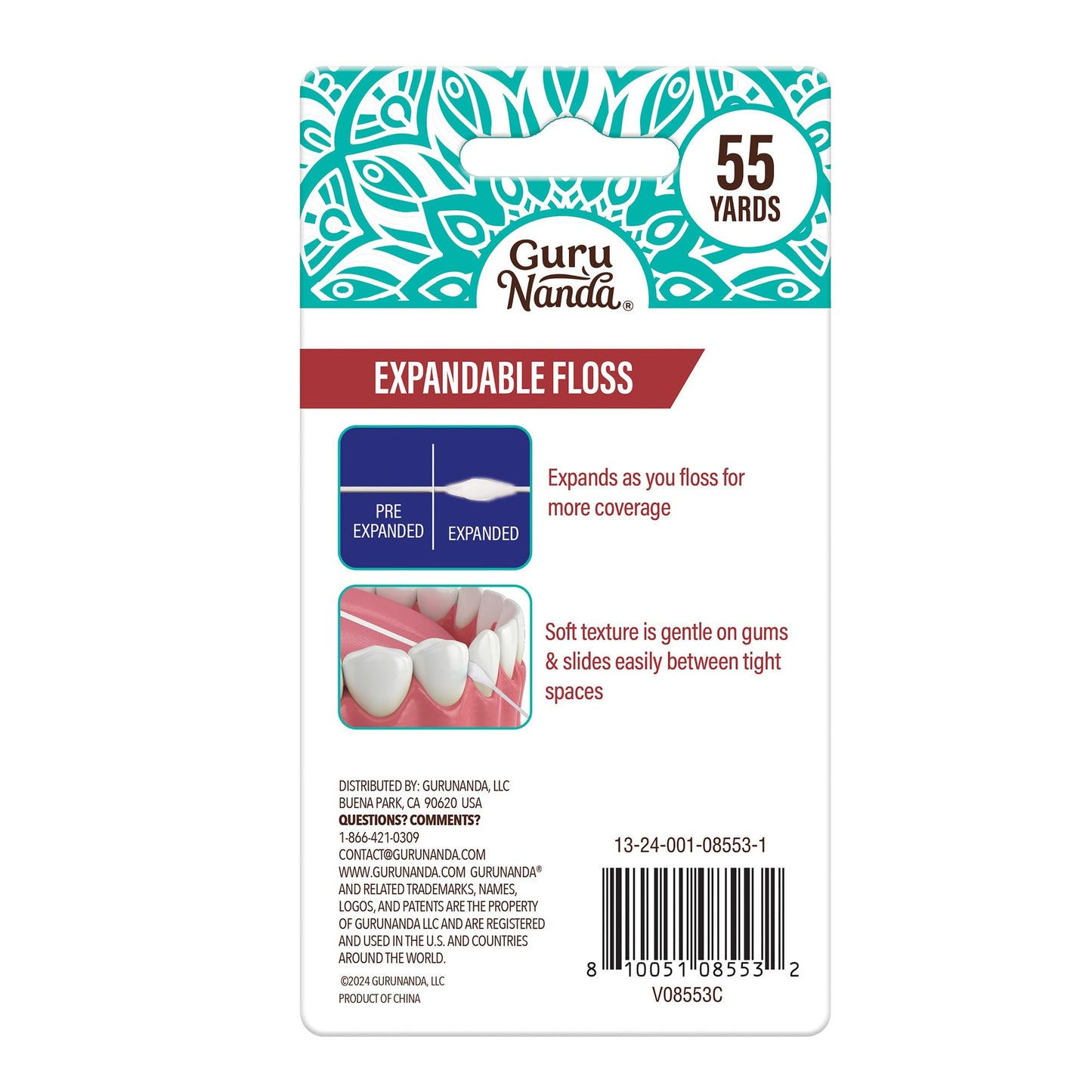 GuruNanda Expandable Waxed Dental Floss for Gentle, Deep Cleaning Wide Teeth Flossing