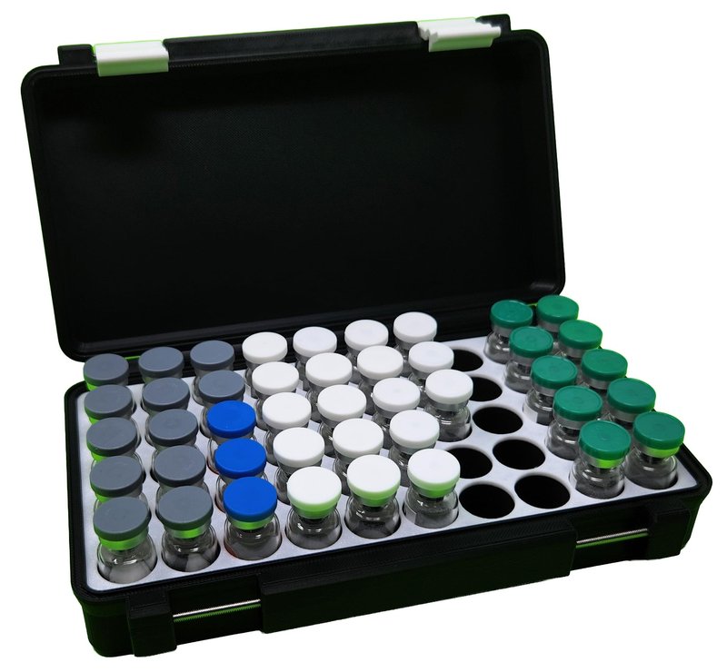 3D Printed - 3ml Vial Storage Case - Freezer Safe Hard Shell Peptide Case for Home, Fridge, Travel (Black/Yellow, 50 3ml Vials)