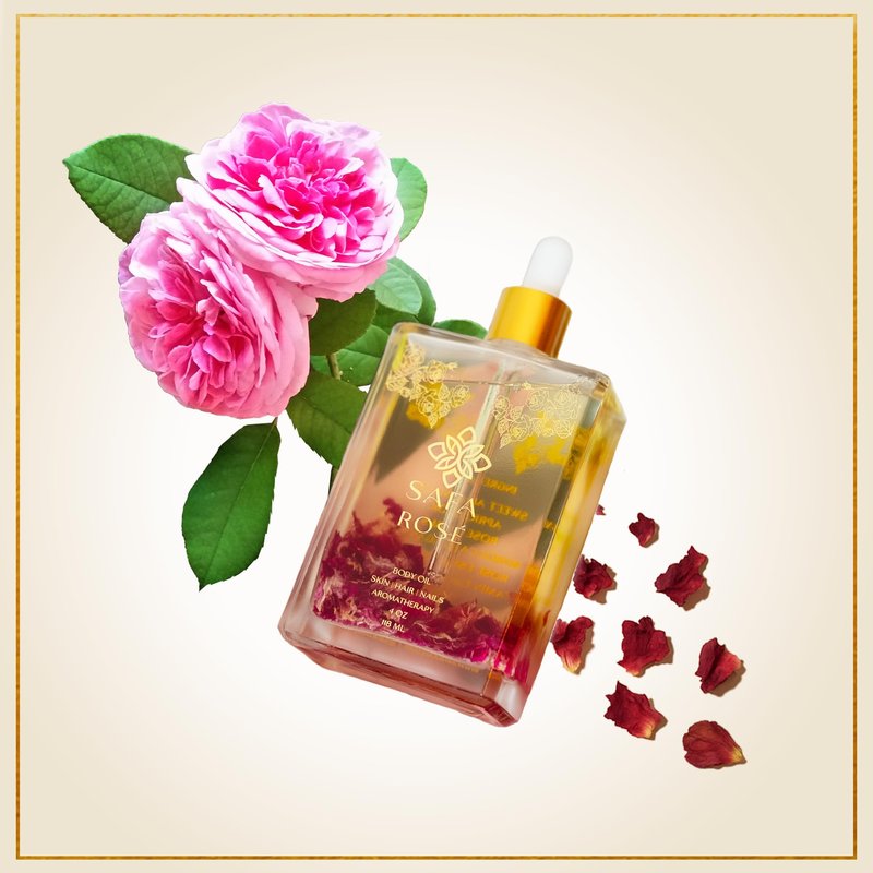 SAFA Rosé Body Oil | Luxury Bulgarian Rose Oil with Real Rose Petals | Fast Absorbing After Shower Hydrating Oil | Moroccan Argan Sweet Almond & Vitamin E | Silky Moisturizer Face & Skin | 4 fl oz
