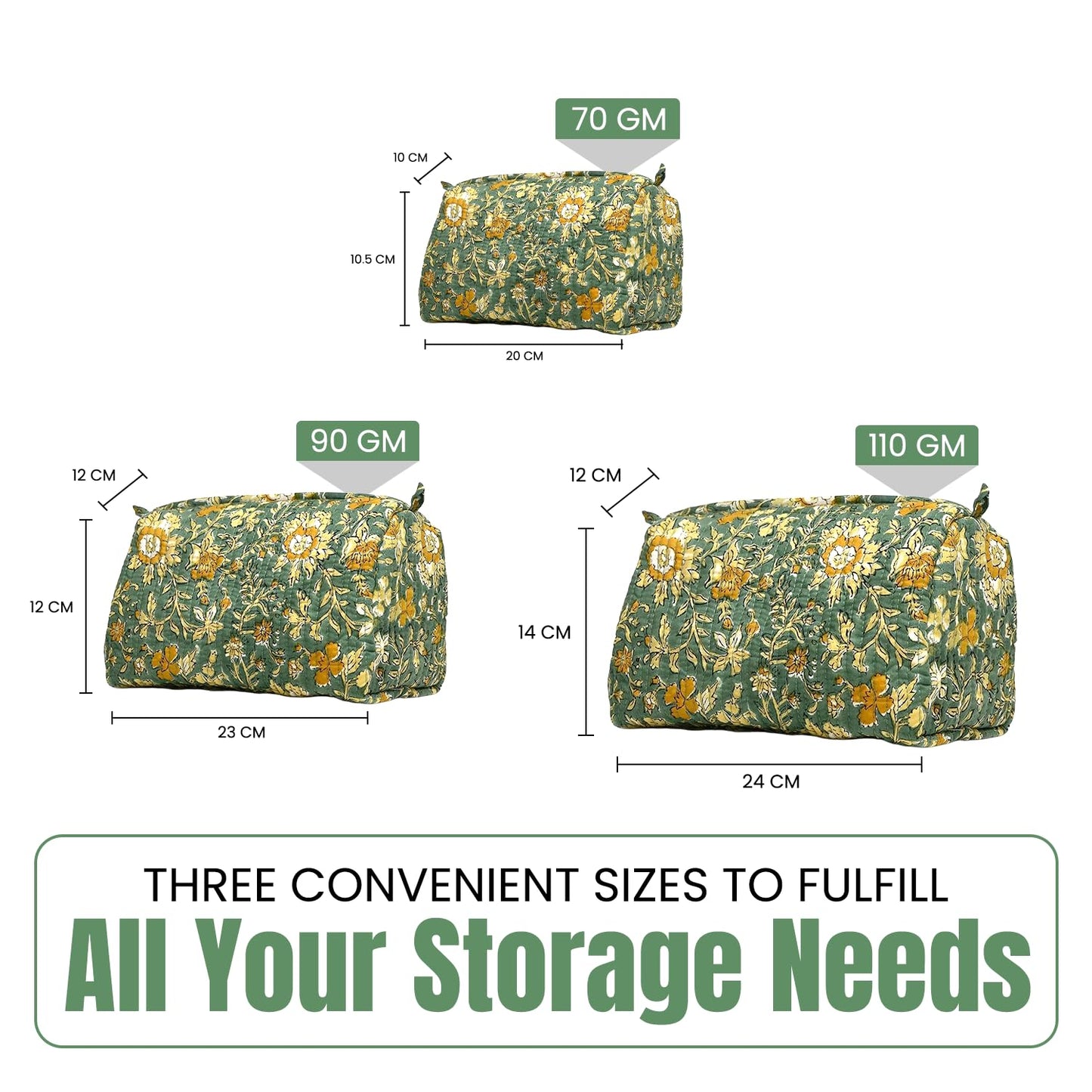 Cotton Hand Block Floral Print Toiletry Bag For Women Make Up Cosmetic Bag Jewelry Organizer Kit Storage Case Travel Accessories Essential Toiletries Purse Pouch (Green - Set of 3, Small Medium Large)