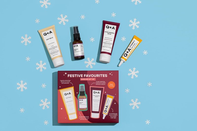 Q+A Festive Favourites Gift Set, containing a Hyaluronic Acid Moisturiser (75ml), an Oat Milk Cream Cleanser (75ml), an Azelaic Acid Serum (30ml), and a Caffeine Eye Serum (15ml)