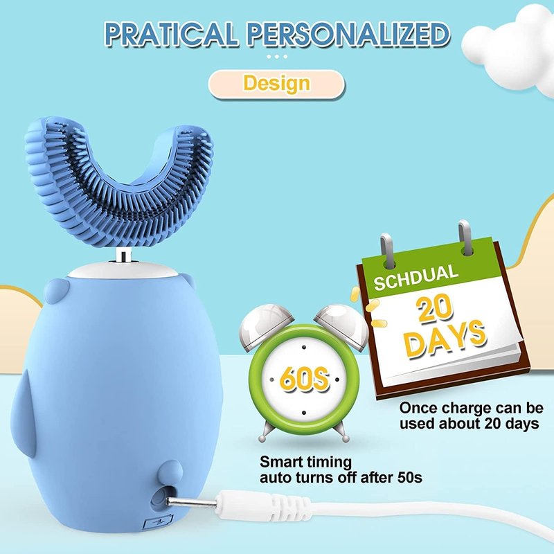 Electric Kids Toothbrush - U Shaped Ultrasonic Design with 2 Brush Heads | 6 Cleaning Modes, Blue (Ages 2-7)