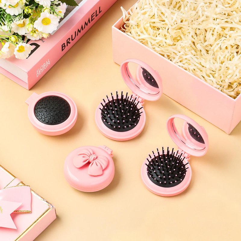 XEQWZVFR 20Sets Pink Bow Party Favors Pink Coquette Bow Mini Hair Brushes Folding Mirror Coquette Detangler Brush Round Compact Massage Scalp Comb with Organza Bags for Women Travel Team Gifts