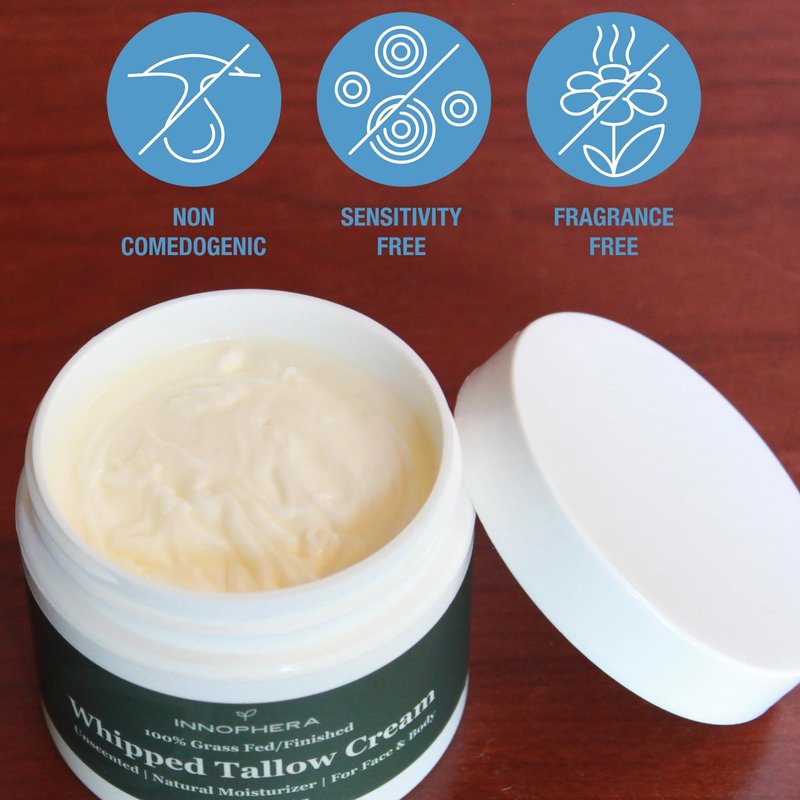 Innophera Whipped Beef Tallow Cream for Skin Care ‒ Grass Fed & Grass Finished ‒ 100% Natural Moisturizer for Sensitive Skin ‒ Handmade Face & Body Lotion ‒ Unscented & Odorless ‒ 3.4 oz.