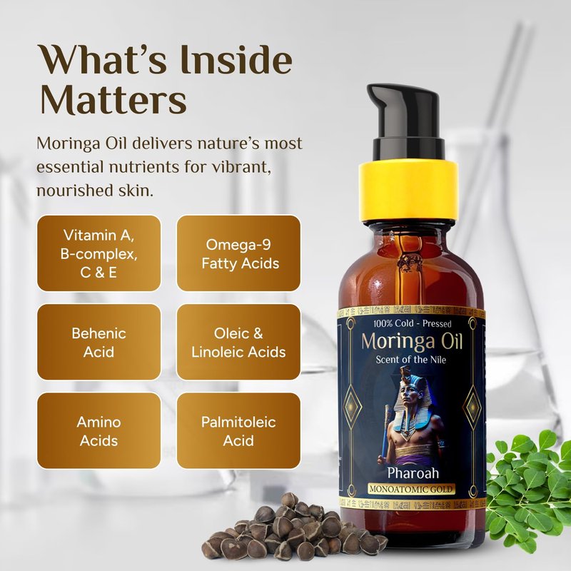 Pharoah - Men's 100% Pure Moringa Oil Blended with Leather, and Sweet Tobacco Essential Oils and Infused with Egyptian Ormus Gold for Face, Hair, Nails, Beard, and Tattoos. 2oz. (60 ml)