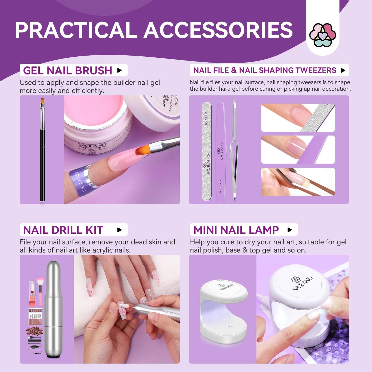 SAVILAND Builder Nail Gel Set with Nail Drill Cuticle Remover Cuticle Oil – 3 Pcs Hard Gel(VE&VB5&Kerain) Clear Pink Nudes Builder Nail Gel with Lamp Nail Strengthener Gel for Nail Extension