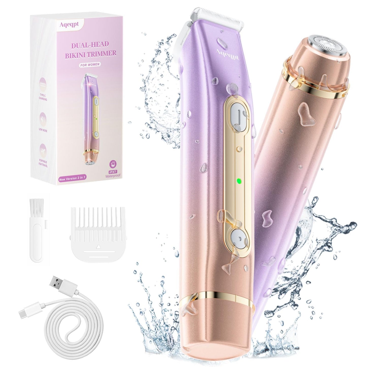Bikini Trimmer for Women, Electric Razors with Dual Heads, Rechargeable Pubic Hair Trimmer with IPX7 Waterproof, Painless Pro Shaver for Underarm Leg Arm Body Face Private Area๏ผRoyalRose๏ผ