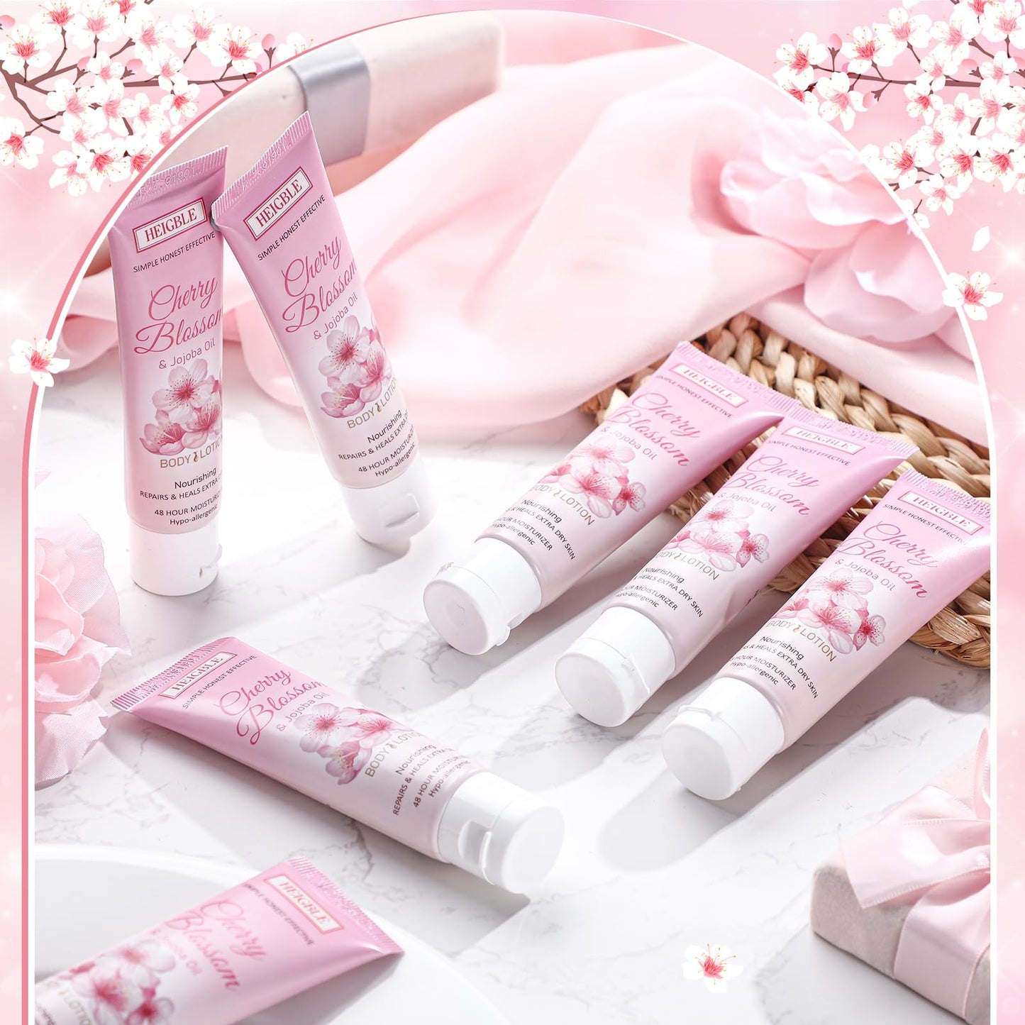 Heigble 50 Pack Travel Size Body Lotion 1 oz Body Lotion Dry Skin Moisturizer with Flip Cap for Extra Dry Skin, Hotels, Airlines, Offices, Gyms(Cherry Blossom and Jojoba Oil)