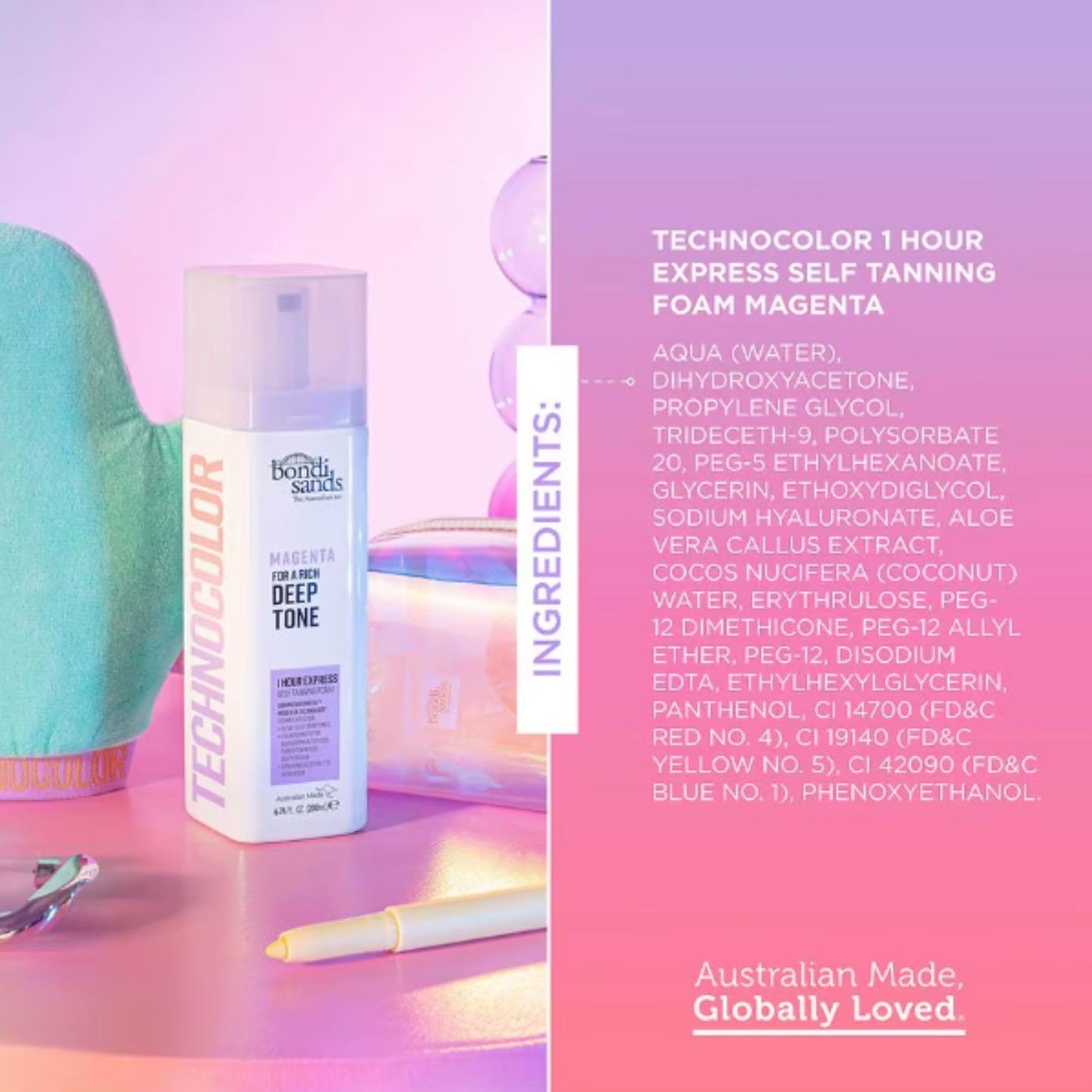 Bondi Sands Technocolor Magenta 1 Hour Express Self Tanning Foam, Best for Olive to Deep Skin Tones Looking for a Rich, Deep Toned Tan, 6.76 fl. oz.