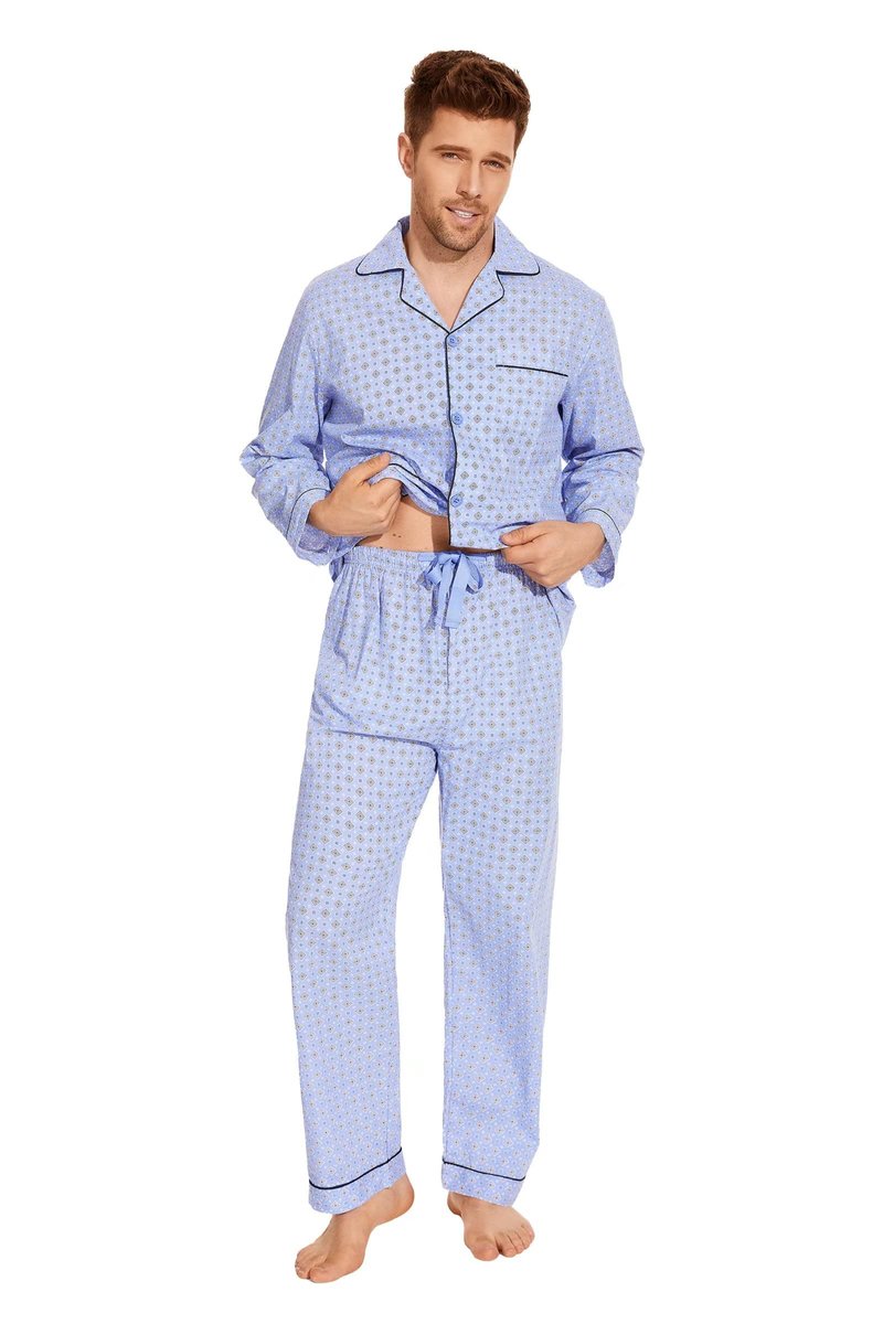 GLOBAL Mens Pajamas Set, 100% Cotton Woven Drawstring Sleepwear Set with Top and Pants/Bottoms,Medium