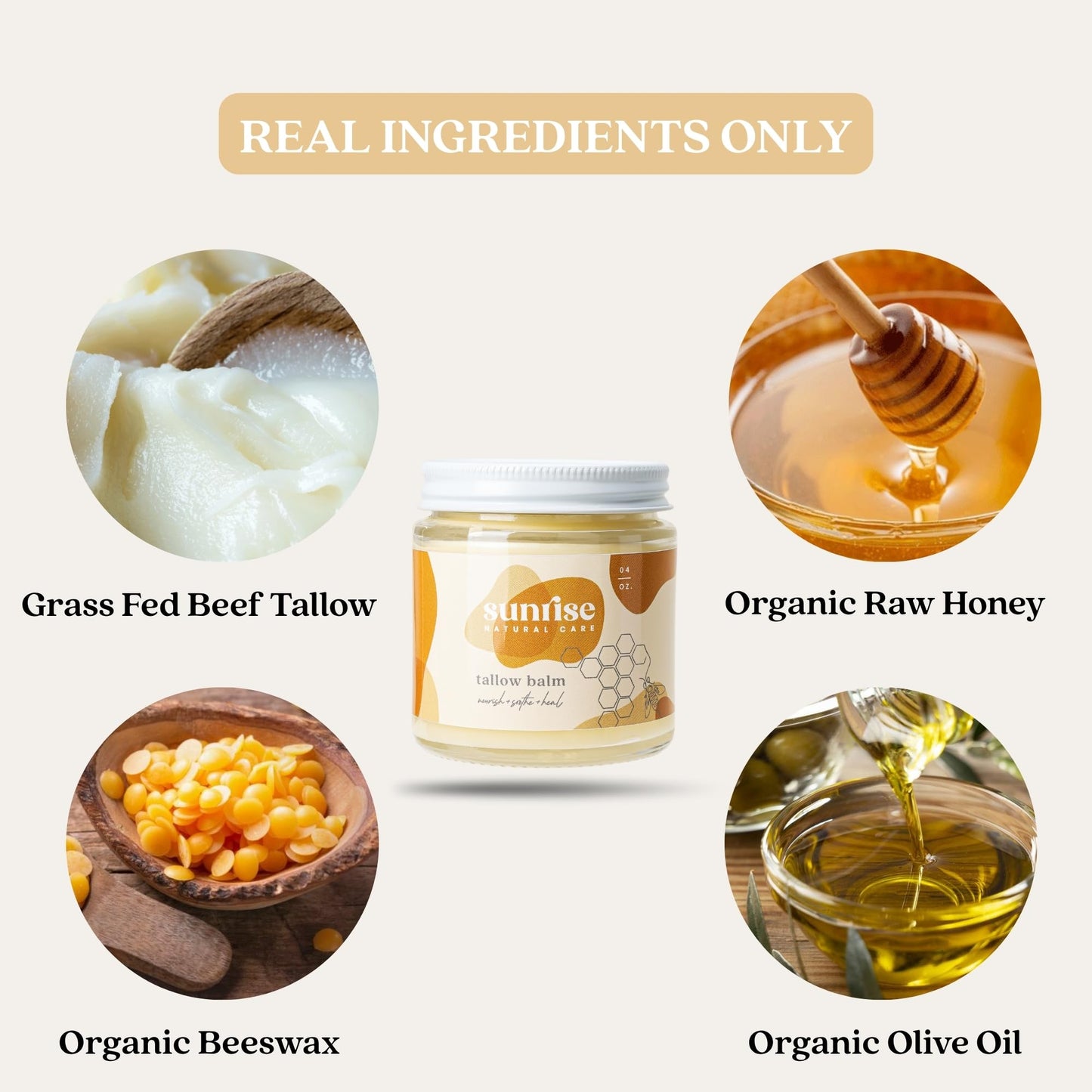 Sunrise Natural Care Unwhipped Honey and Tallow Balm - Body and Face Moisturizer - 100% Grass Fed Beef Tallow - 4 ounces - Frankincense