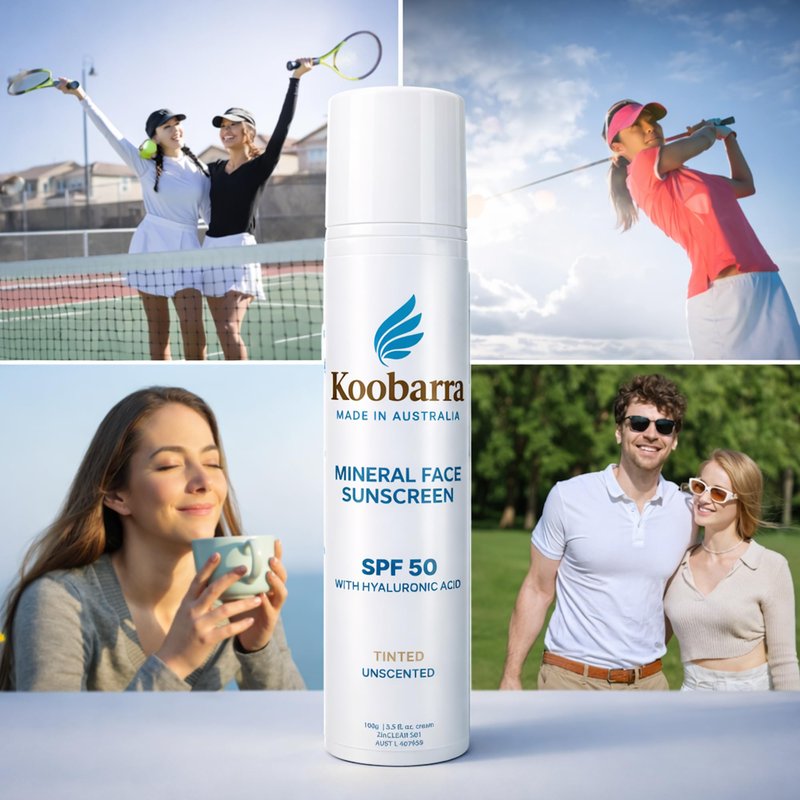 Koobarra Mineral Face Sunscreen SPF 50, Tinted Aussie Zinc Oxide Sunblock, Hydrating Hyaluronic Acid, Reef Safe, Natural, Organic, Vegan, Australian Made, Nourishing, Unscented, 100g 3.4oz
