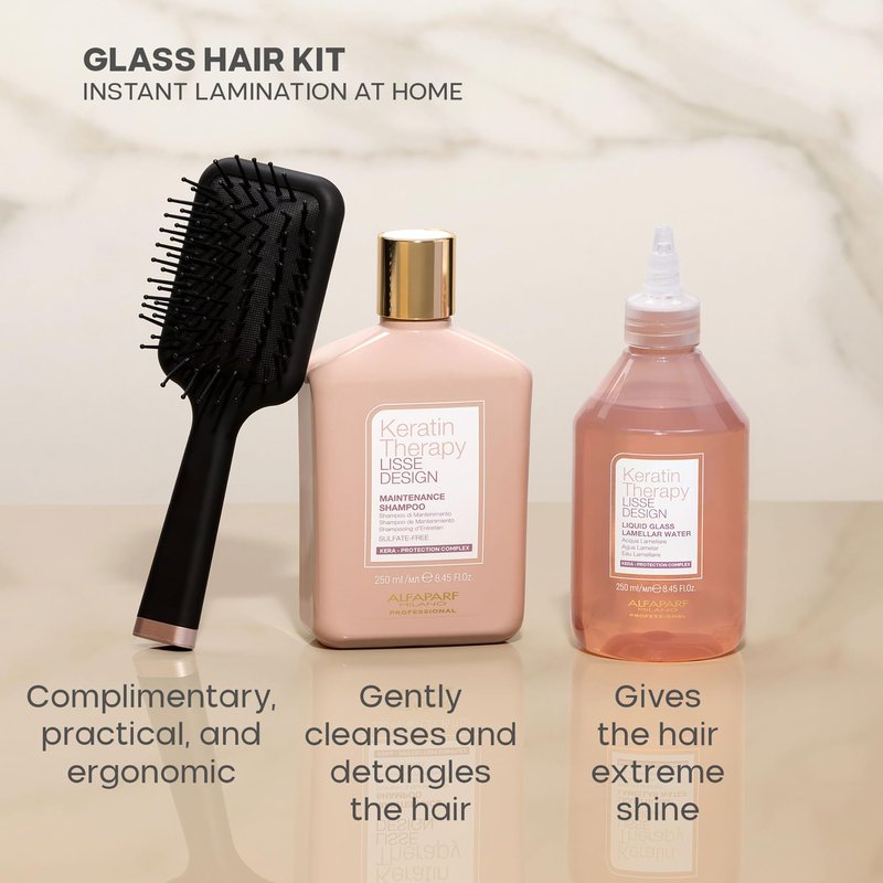 Alfaparf Milano Keratin Therapy Lisse Design Glass Lamination Hair Set - Keratin Shampoo and Liquid Glass Lamellar Water - Instant Lamination at Home - Adds Shine and Softness