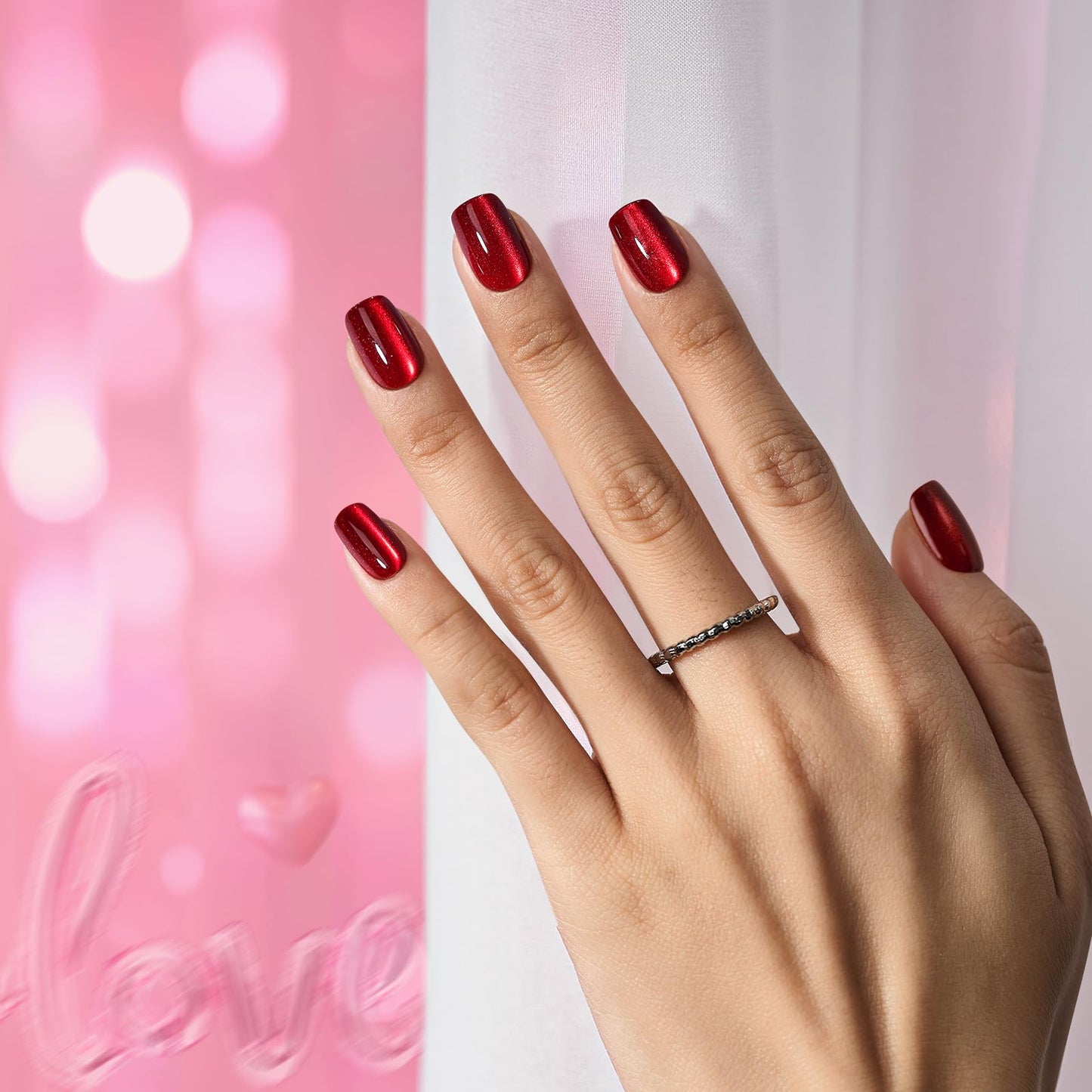 BTArtbox Press On Nails Red - Cat Eye Press On Nails Square for Gifts,Cherry Short Stick On Nails with Glue, Glossy Reusable Nail Tips in 16 Sizes - 32 Soft Gel Fake Nails Kit, Hot Love