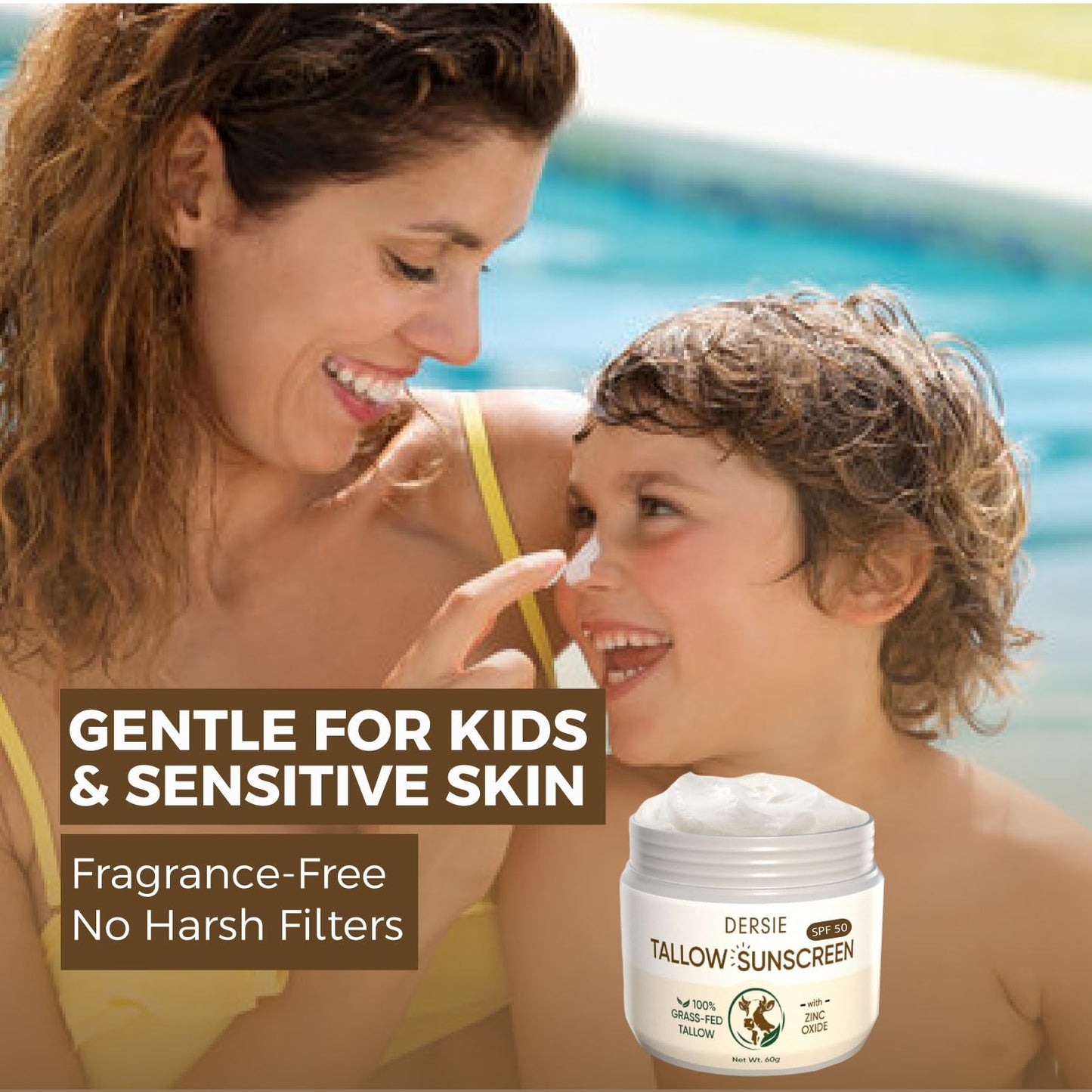 Dersie Tallow Sunscreen SPF 50 – Mineral UV Defense with Non-Nano Zinc Oxide – Face & Body Sun Protection for Adults & Kids – 100% Grass-Fed Beef Tallow for Moisture Retention & Skin Comfort (2.1 oz)