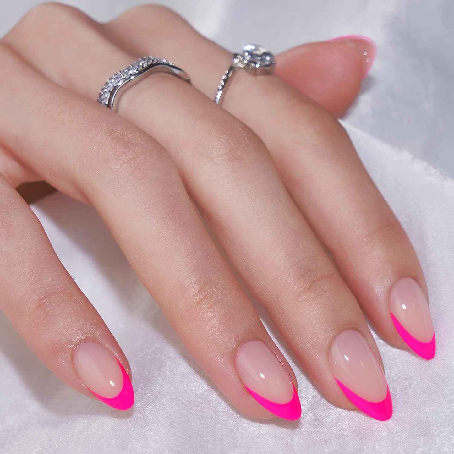 French Tip Press On Nails - Almond Shape, Berry & Dazzling Pink, Glue Included